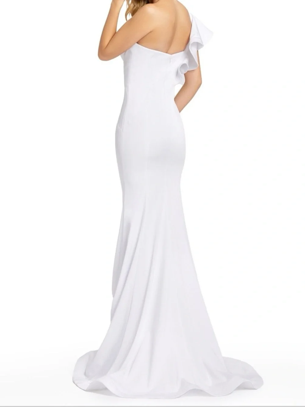 Mac Duggal Ieena One-Shoulder White Mermaid Gown with Sculpted Ruffle - Picture 2 of 5